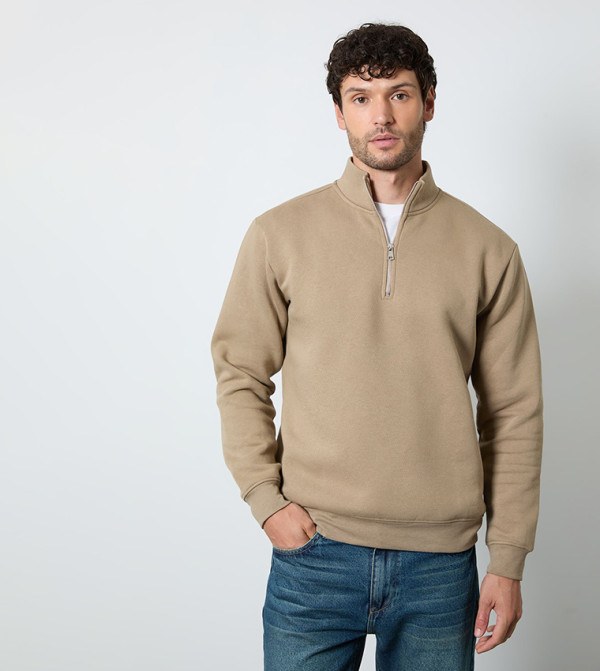 Solid Zipper Neck Jersey Sweatshirt