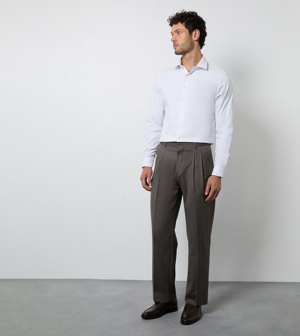 Herringbone Pleated Relaxed Fit Formal Trousers