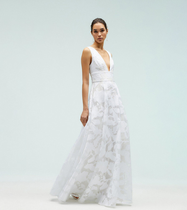 Plunge V Full Skirted Jacquard Dress