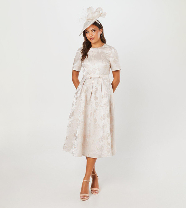 Jacquard and Lace Full Skirted Midi Dress