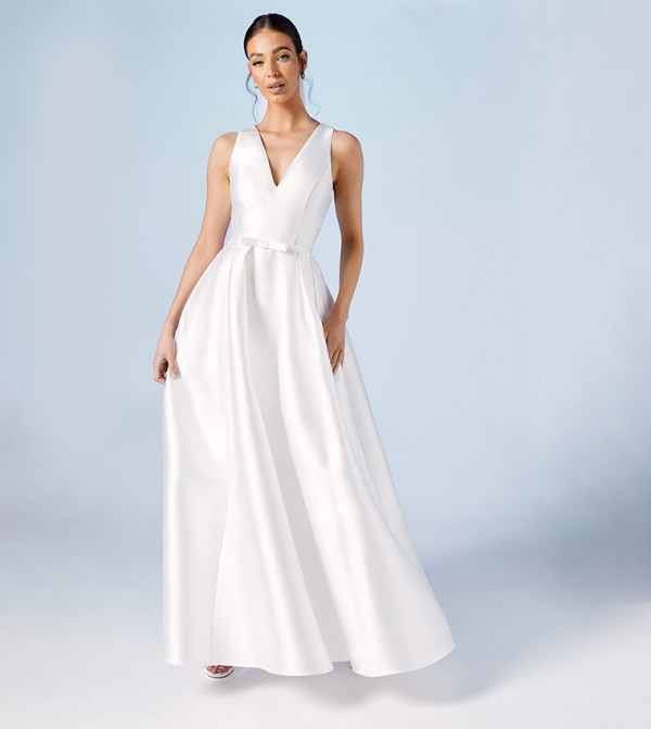 Plunge Neck Bow Waist Maxi Dress With Pockets