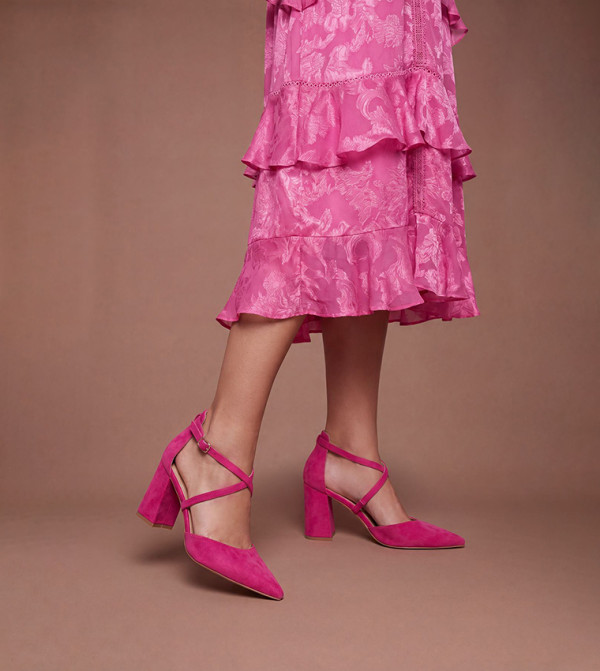 Wide Fit Treat Faux Suede Cross Strap Block Heel Pumps