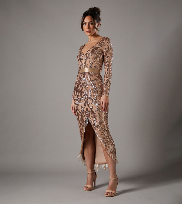 Sequined Long Sleeves Midi Party Dress