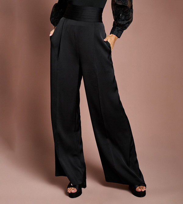 Lisa Satin Trim High Waist Wide Leg Trousers