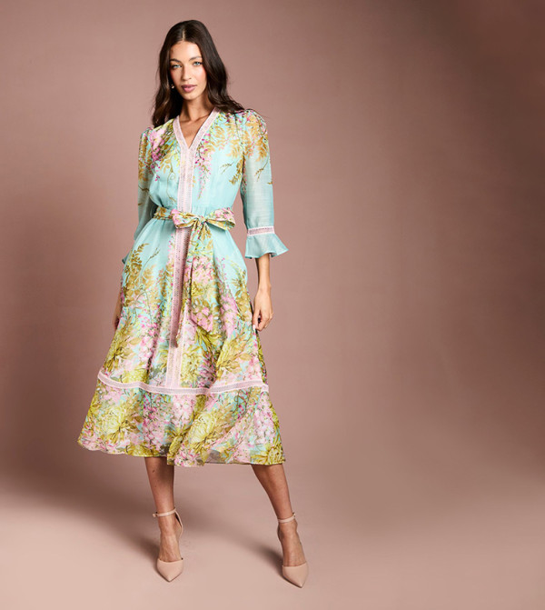 Lace Trim Placement Print 3/4 Sleeves Midi Dress