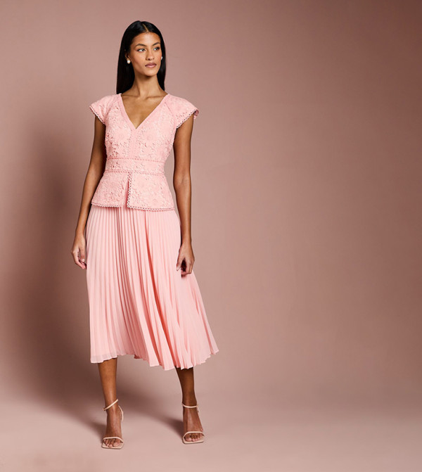 Petite V-Neck Lace Bodice Peplum Midi Dress