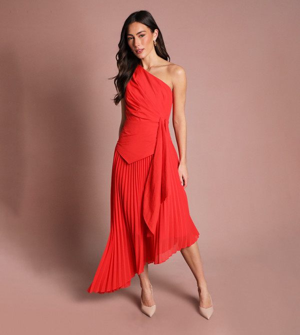 Pleat Drape Detail One Shoulder Midi Dress