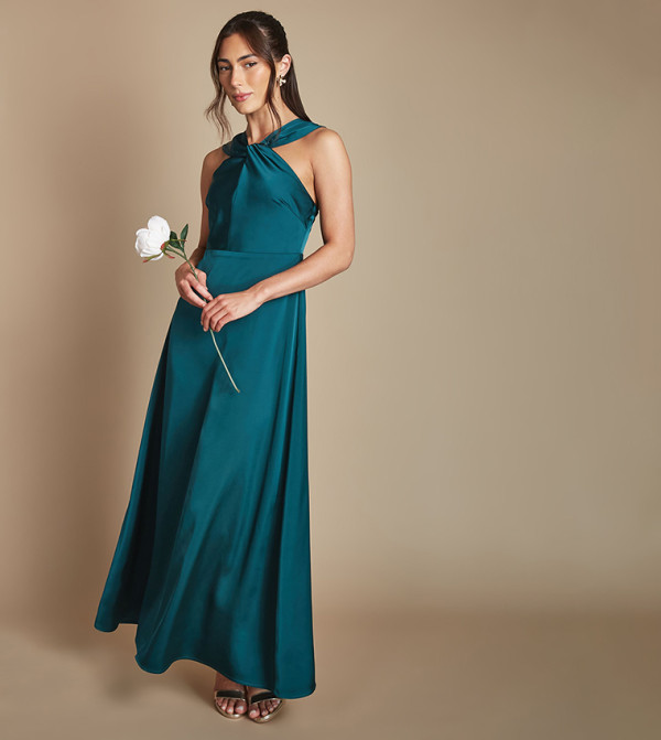 Petite Twisted Halterneck Satin Maxi Bridesmaid Dress