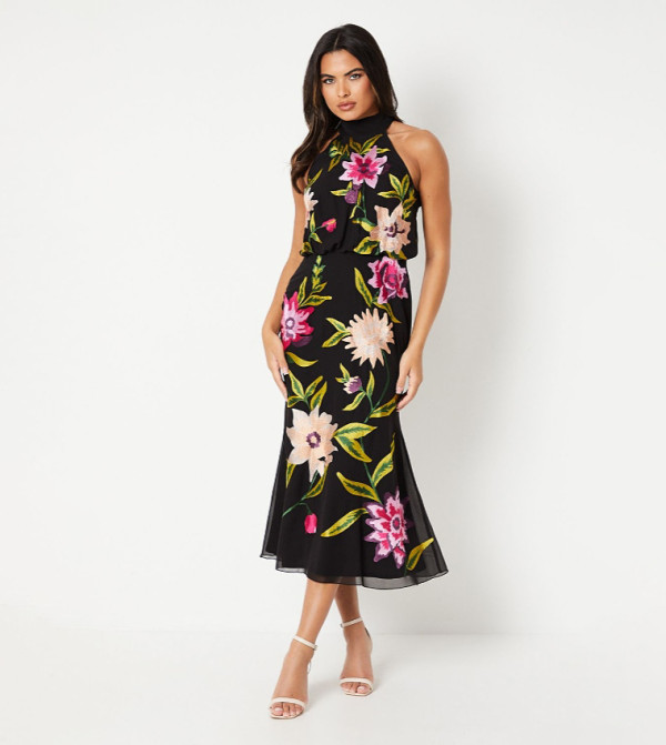 Floral Embroidered High Neck Midi Dress