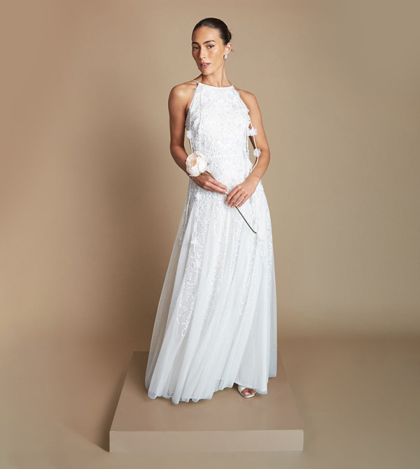 Floral Embellished Tulle Maxi Wedding Dress