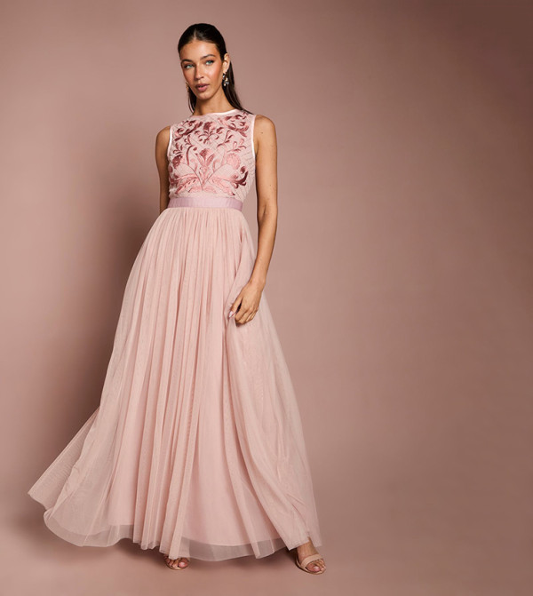 Embroidered Linear Floral Maxi Bridesmaid Dress