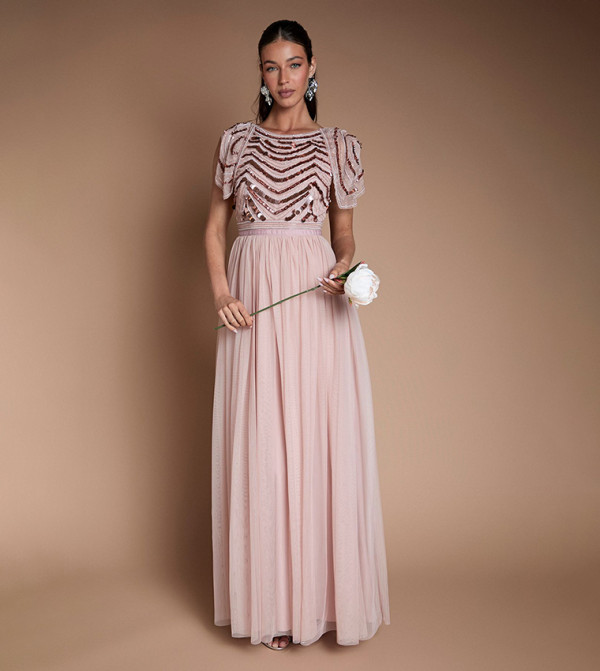 Sparkle Drape Sleeves Maxi Bridesmaid Dress