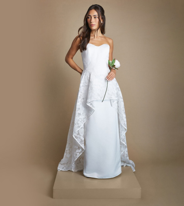 Floral Overlay High Low Maxi Wedding Dress