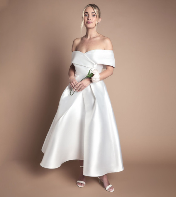 Lisa Tan Petite Twill Bardot Waisted Midi Wedding Dress