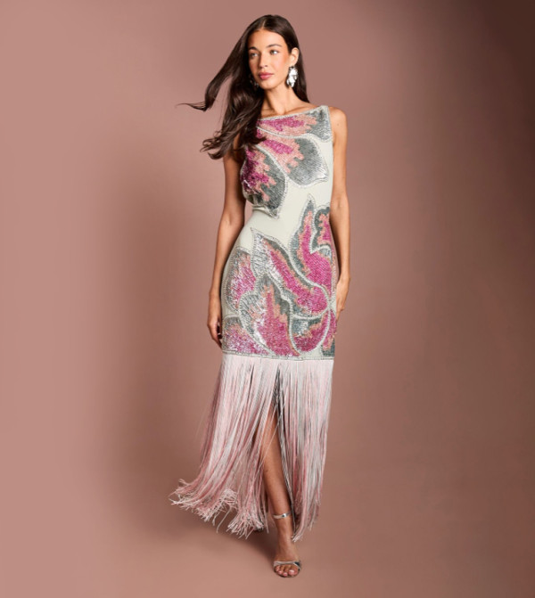 Muse Floral Embellished Stretch Fringe Maxi Dress