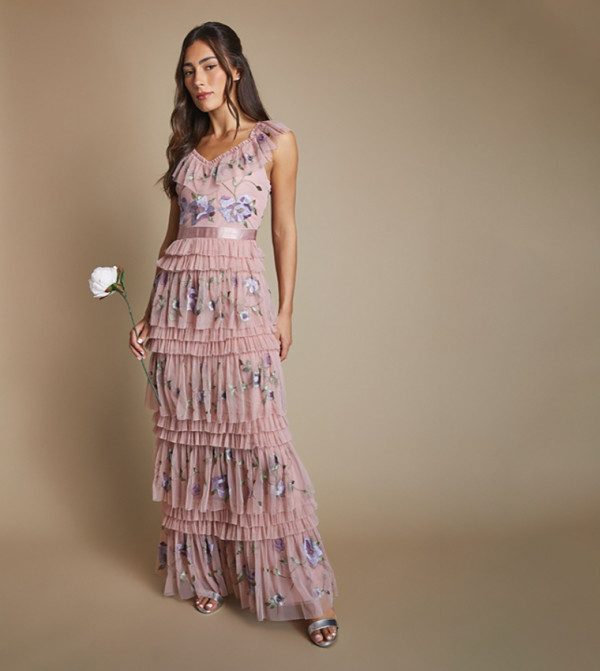 Embroidered Mesh Ruffle Pleated Maxi Bridesmaid Dress