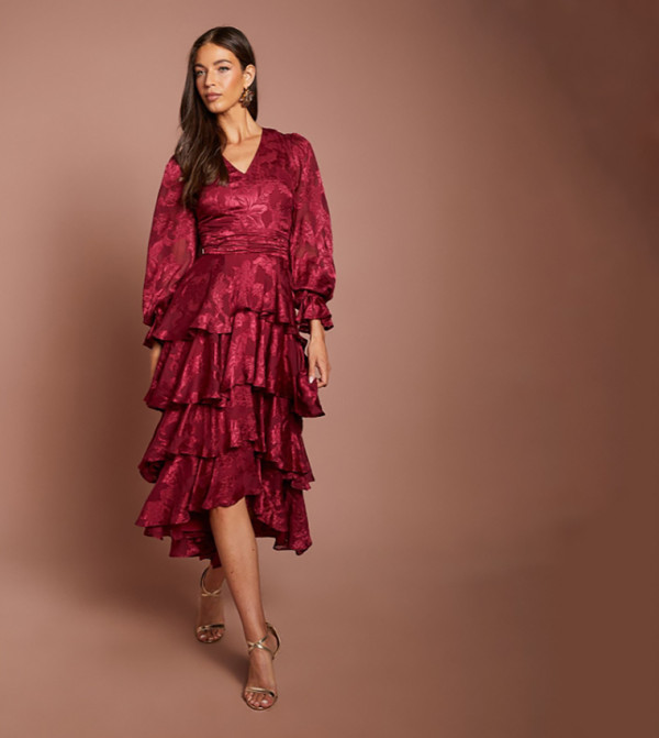 Satin Jacquard Tiered Blouson Sleeves Midi Dress