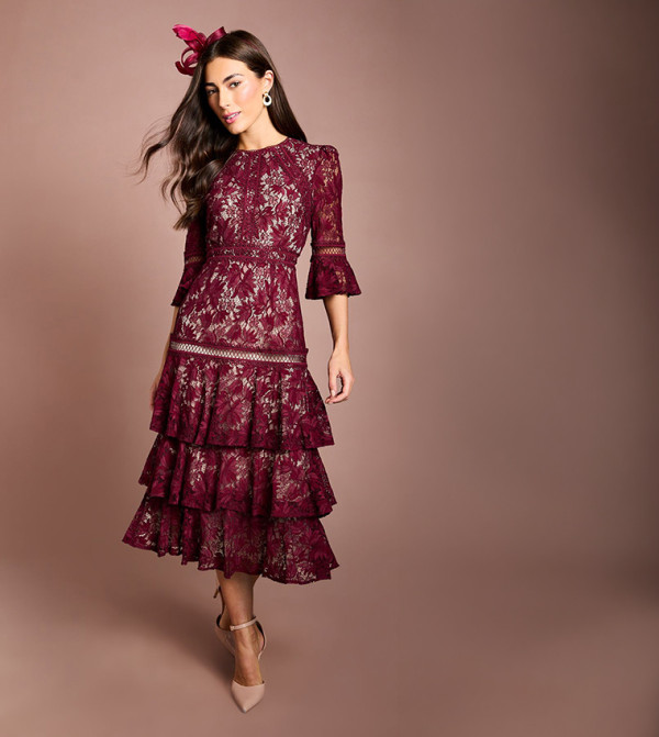 Lace Tiered Skirt 3/4 Sleeves Midi Dress
