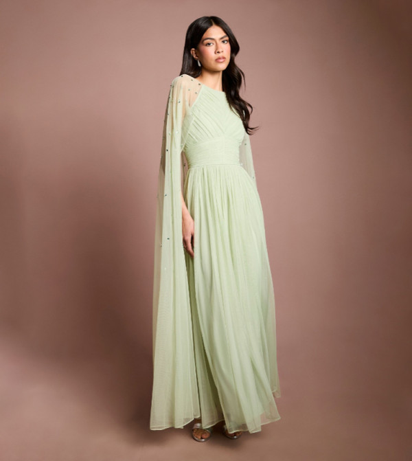 Gemstone Pleated Mesh Cape Maxi Party Dress