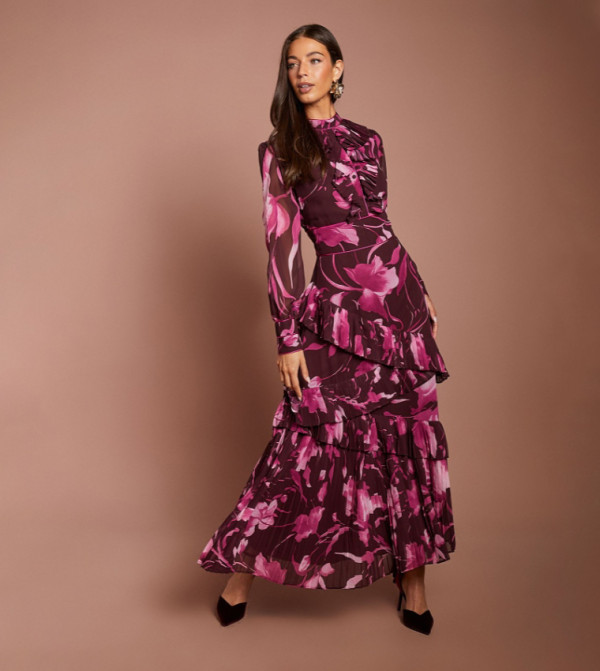 Printed Long Sleeves Pleated Tiered Maxi Dress