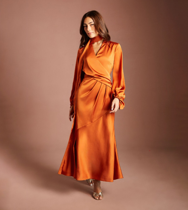 Wrap Bodice Blouson Sleeves Satin Midi Dress