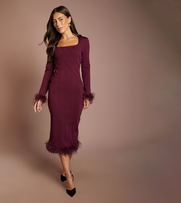 Bandage Long Sleeves Pencil Midi Dress with Feather Hem