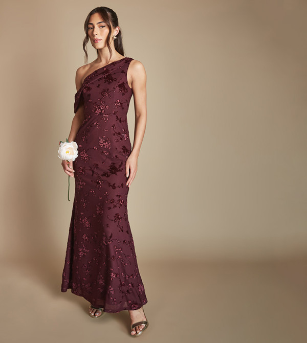 Devore Mesh Drape Shoulder Bridesmaid Maxi Dress