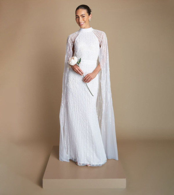 Linear Embellished Cape Detail Maxi Wedding Dress