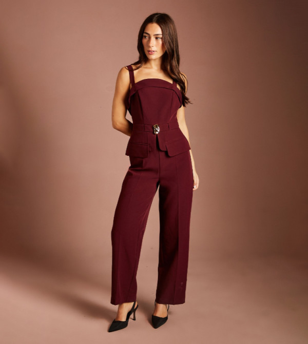 Peplum Detail Strappy Belted Jumpsuit