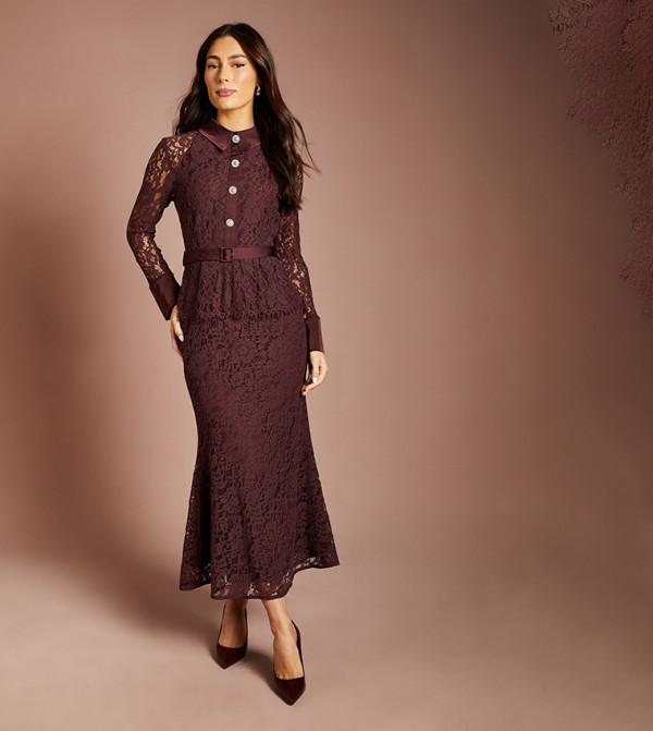 Belted Lace Peplum Long Sleeves Midi Dress