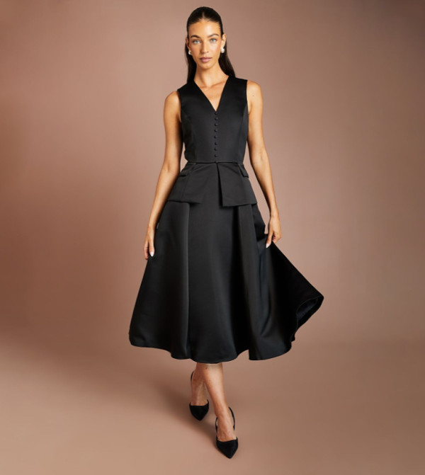 V-Neck Flared Sleeveless Midi Dress