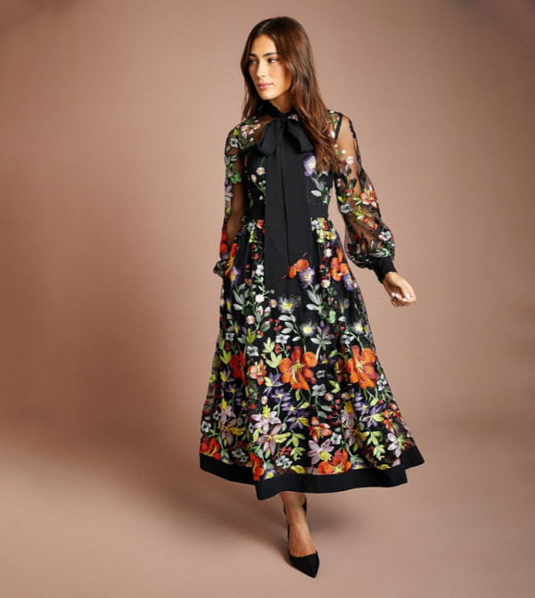 Embroidered Mesh Long Sleeves Tie Neck Midi Dress