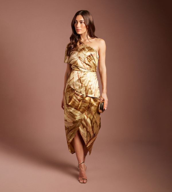 Feather Print One Shoulder Peplum Detail Midi Dress
