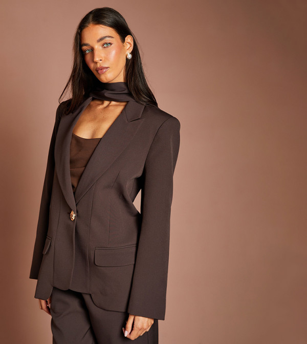 Solid Long Sleeves Oversized Blazer with Scarf