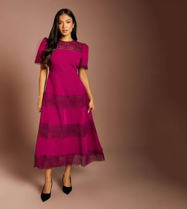Petite Lace Trim Crepe Dress
