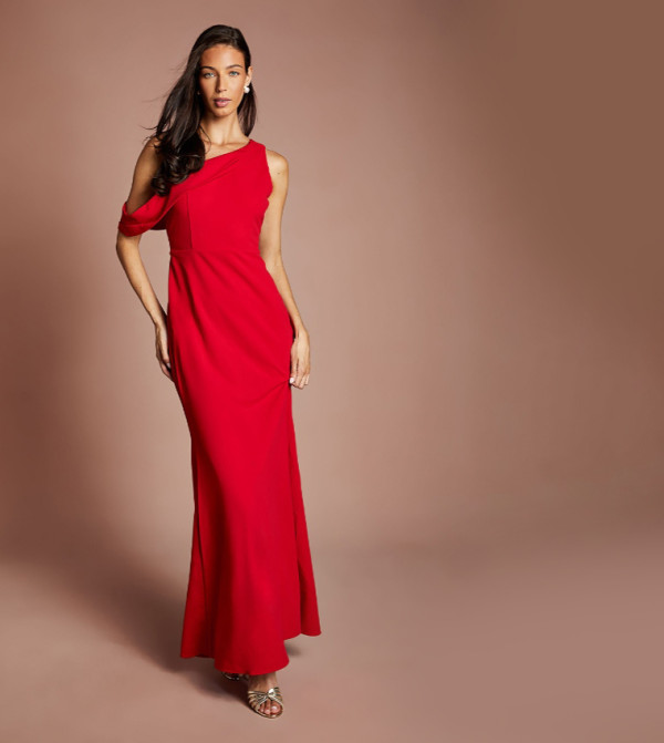 Asymmetric Neckline Scuba Crepe Tie Maxi Party Dress
