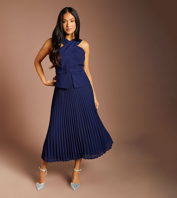 Petite Cross Over Neck Pleated Midi Dress