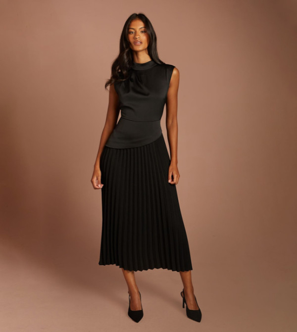 Petite Drape High Neck Pleated Midi Dress