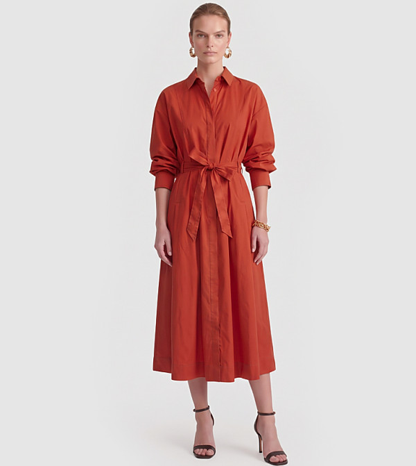 Solid Ruched Belted Midi Shirt Dress