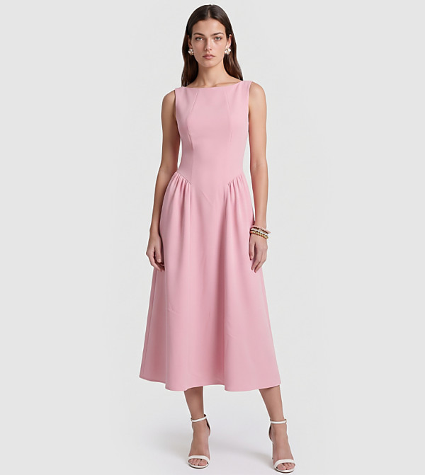 Solid Boat Neck Fit and Flare Midi Dress