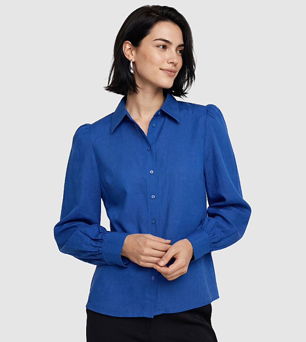 Solid Classic Collar Puff Sleeves Shirt