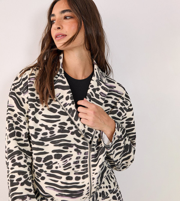 Animal Print Denim Biker Jacket