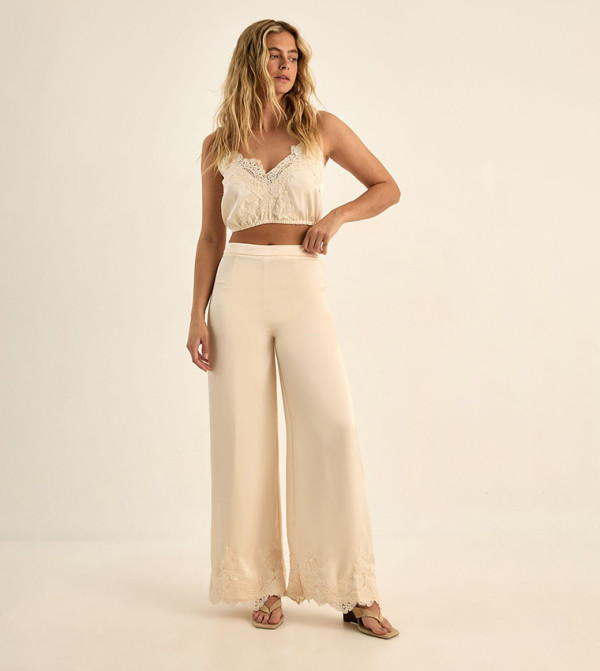 Premium Satin Lace Trim Wide Leg Trousers