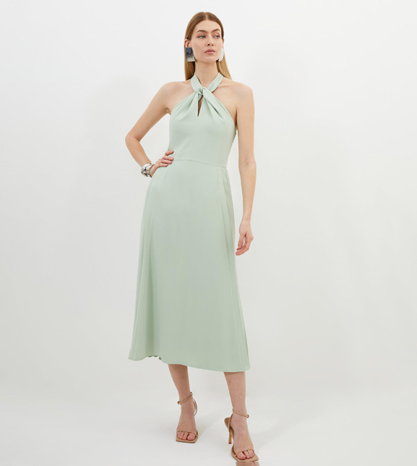 Petite Soft Tailored Halter Tie Neck Pleat Detail Midi Dress