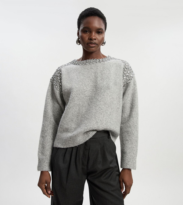 Embellished Trim Cosy Knit Crew Neck Sweater