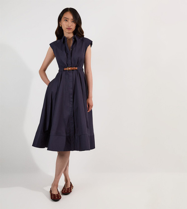 Belted Collared Full Midi Dress