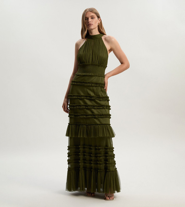 Tulle Layered Halterneck Maxi Dress