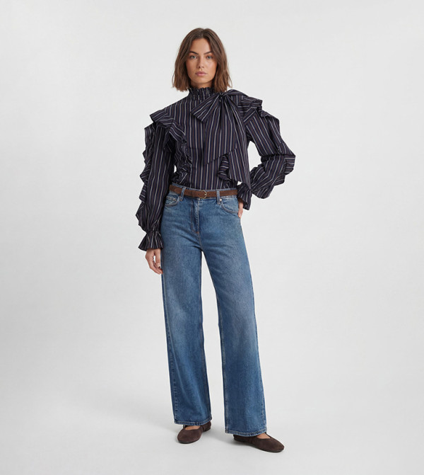 Striped Ruffle Front Pussy Bow Top