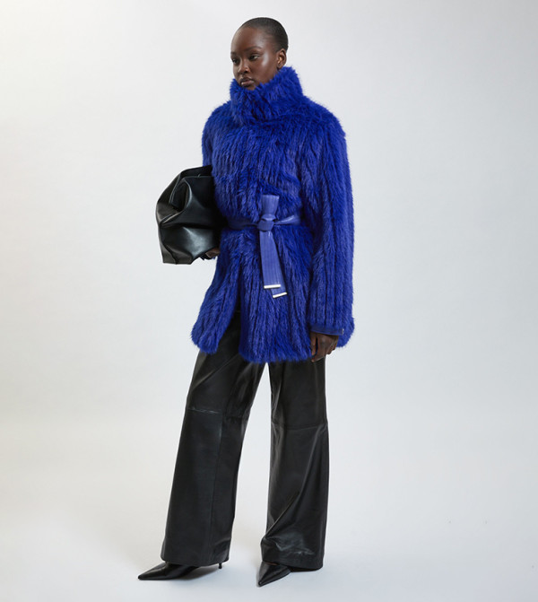 Textured Faux Fur Belted Collar Short Coat