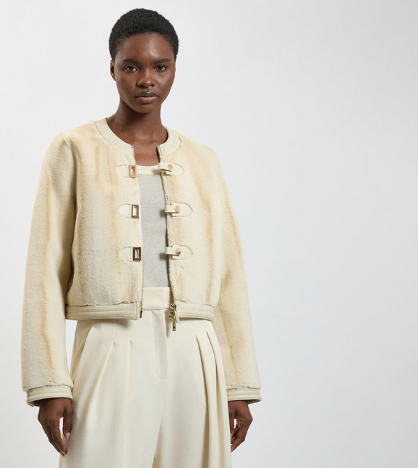 Faux Fur & Faux Leather Buckle Detail Collarless Tailored Coats